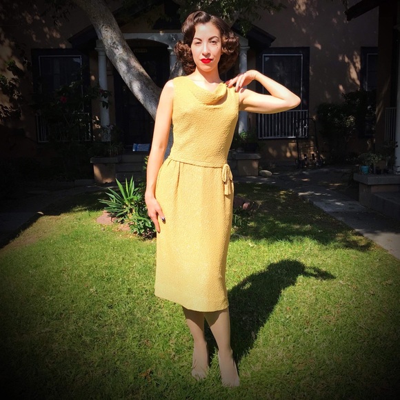 Dresses & Skirts - 1950s Gold Shimmer Cowl Neck Cocktail Dress Sz M
